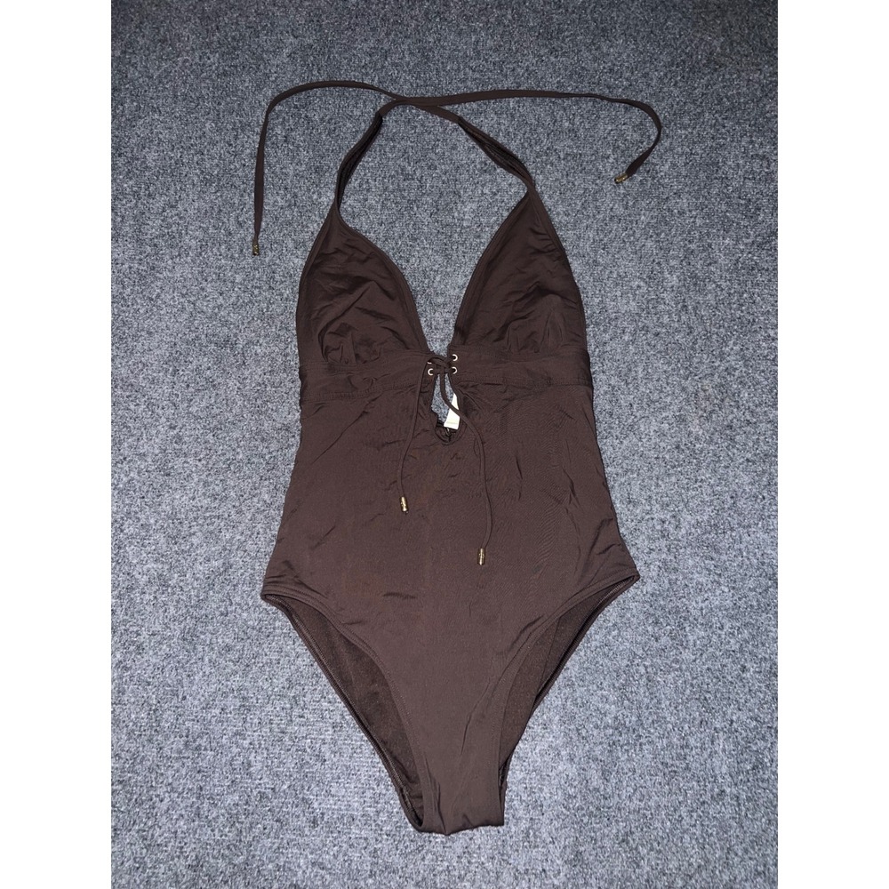 Michael Kors Brown Halter One-Piece Swimsuit Lace Up Front Small